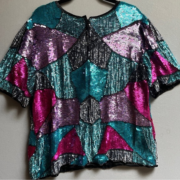 Vintage Jakelin Designs silk rayon sequin short sleeve shirt mini dress Sz 2X - Picture 4 of 10